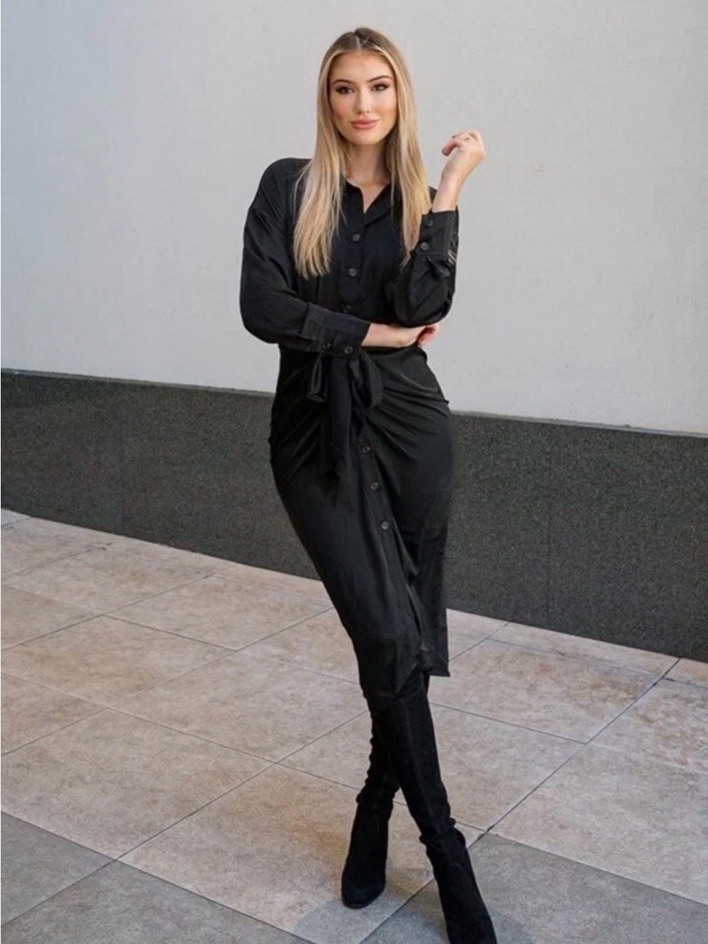 BTFBM Women’s Long Sleeve Button Down Belted Ruched Satin Dress with Waist Tie